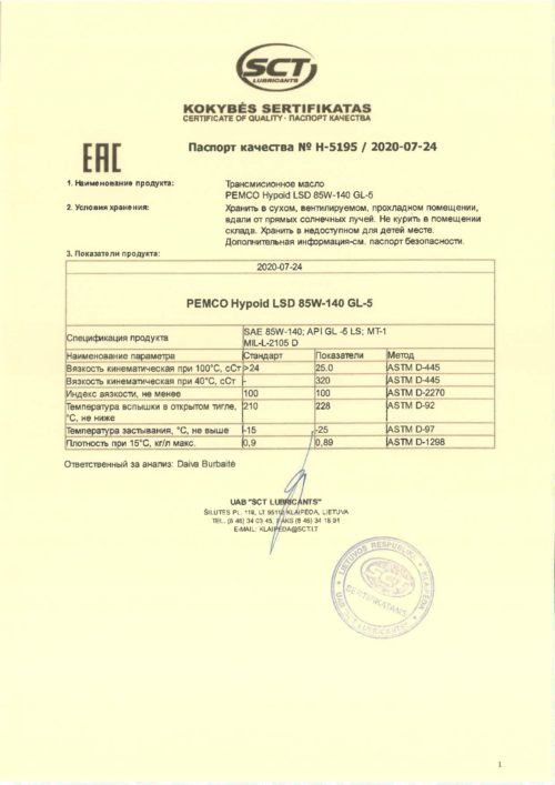 Масло трансмиссионное Pemco Hypoid LSD 85/140 API GL-5/MT-1 (60 л.)